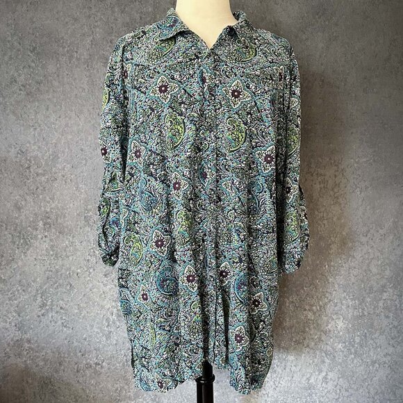 Buttoned Cotton Blouse w/ Gathered Sleeves, 4X - Picture 1 of 4